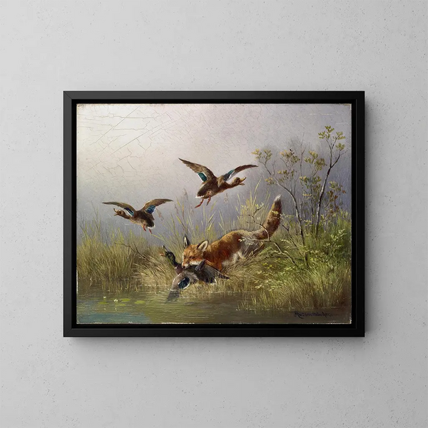 Fox hunting ducks - Moritz Müller — framed artwork on a wall