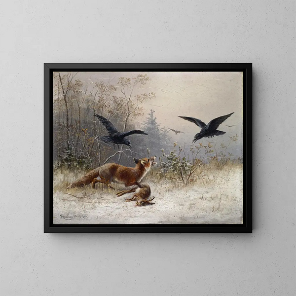 Fox hunting rabbits in winter - Moritz Müller — framed artwork on a wall