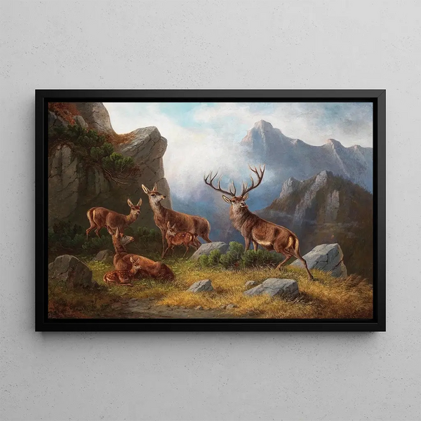 Deer and roe deer in the mountain - Moritz Müller — framed artwork on a wall