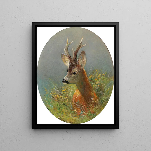 Stag standing in tall grasses - Moritz Müller — framed artwork on a wall