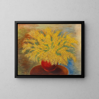 Bouquet de mimosas dans un pot rouge - Moïse Kisling — framed artwork on a wall