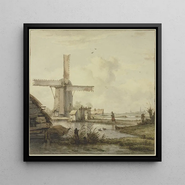 Windmill painting in front of a city with a tall tower, a woman walking on a delineated path - Jan Hulswit — framed artwork on a wall