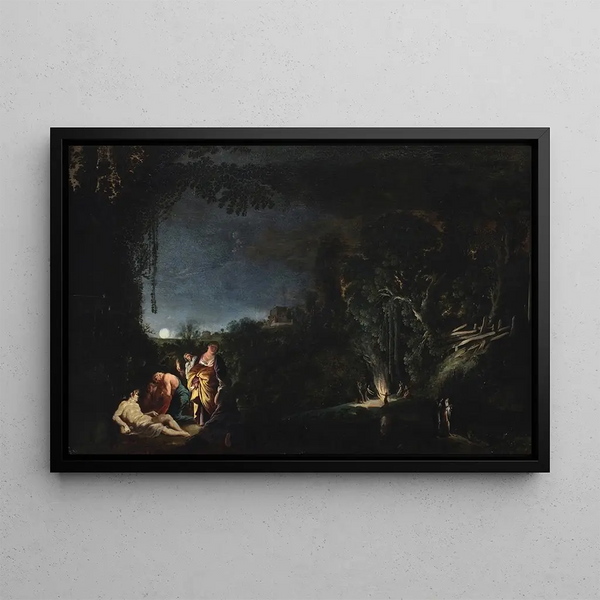 Landscape with Moon and Mythological Motif - Moyses van Uyttenbroeck — framed artwork on a wall
