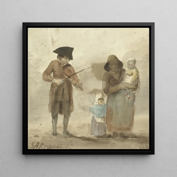 Street musician painting with woman and children - Simon Andreas Krausz — framed artwork on a wall