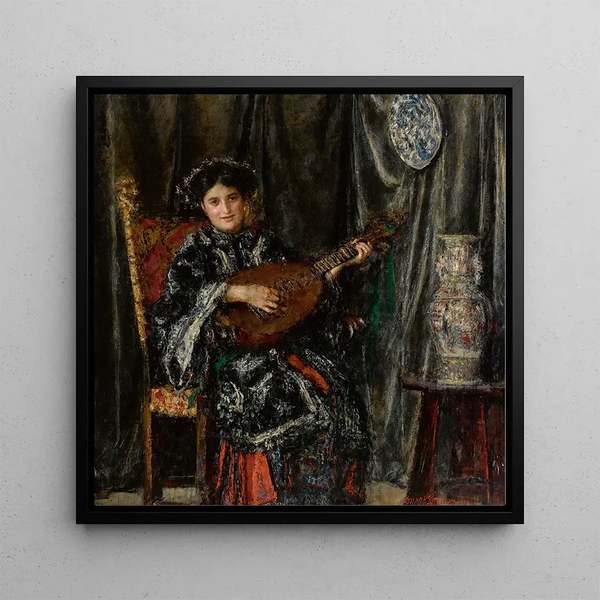 Musician playing mandolin and lute - Antonio Mancini — framed artwork on a wall