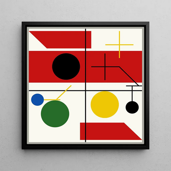 Four spaces with plans, circles and crosses - Myriam Thyes — framed artwork on a wall
