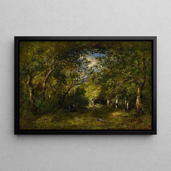 Allée en forêt bûcheronne courbée sous le poids de son fagot traces d'eau - Narcisse Virgile Diaz de la Peña — framed artwork on a wall