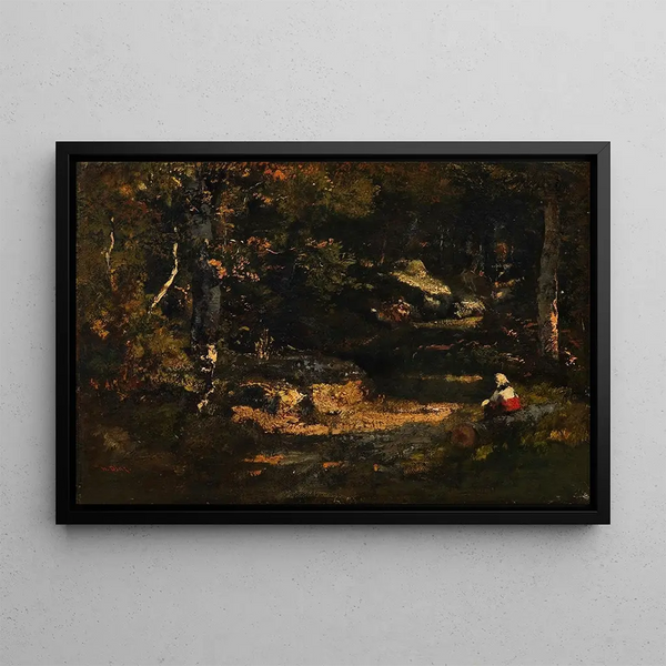 Woman sitting on a tree trunk - Narcisse Virgile Diaz de la Peña — framed artwork on a wall