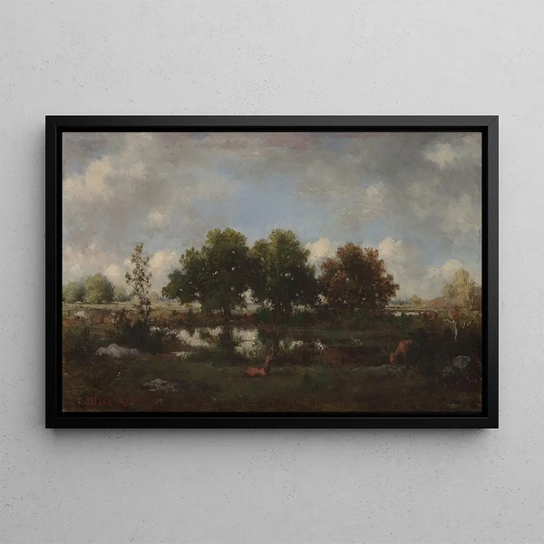 Forest landscape painting with stags - Narcisse Virgile Diaz de la Peña — framed artwork on a wall