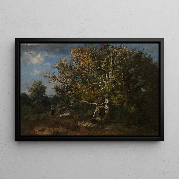 a Peasant Painting in the autumn forest - Narcisse Virgile Diaz de la Peña — framed artwork on a wall