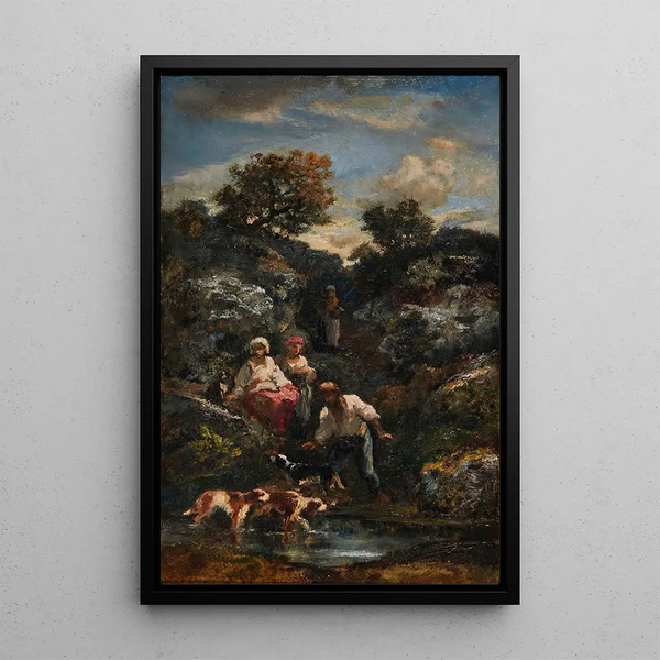 Quatre Bohémiens and dogs near a rocky pond - Narcisse Virgile Diaz de la Peña — framed artwork on a wall
