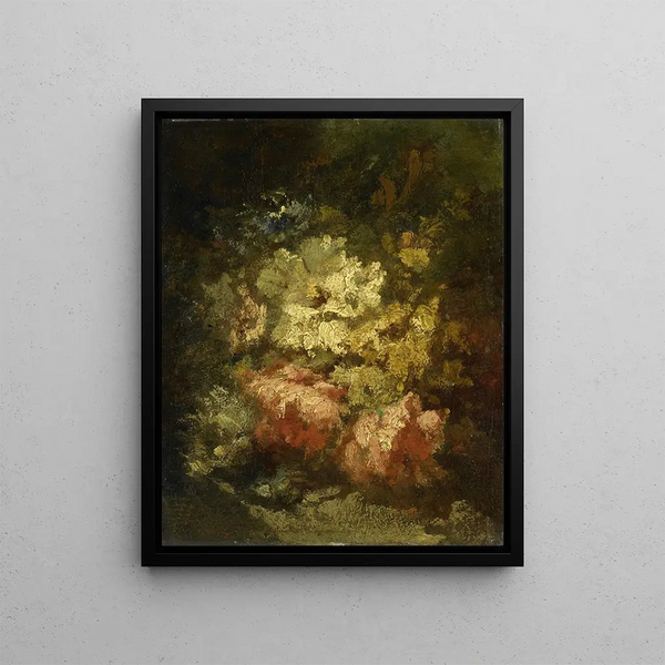 Still life with white and red roses - Narcisse Virgile Diaz de la Peña — framed artwork on a wall