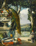 Still life with peacock flowers, fruits, and a Japanese vase, a vast park landscape beyond - Narcisse Virgile Diaz de la Peña — artwork view
