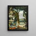 Still life with peacock flowers, fruits, and a Japanese vase, a vast park landscape beyond - Narcisse Virgile Diaz de la Peña — framed artwork on a wall