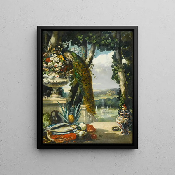 Still life with peacock flowers, fruits, and a Japanese vase, a vast park landscape beyond - Narcisse Virgile Diaz de la Peña — framed artwork on a wall