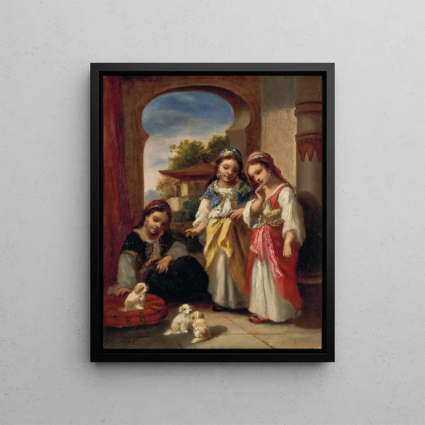Three little girls and three puppies in Turkey - Narcisse Virgile Diaz de la Peña — framed artwork on a wall