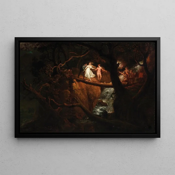 Lady Blanche painting crossing the ravine guided by the count and Saint Foix, a scene from the Mystères d'Udolphe - Nathaniel Grogan — framed artwork on a wall