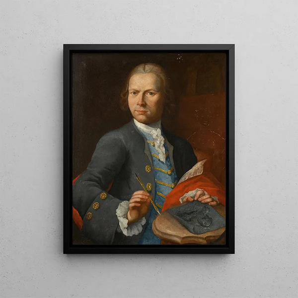 Portrait of an artist holding a drawing on an unfinished canvas beyond - Nathaniel Hone — framed artwork on a wall