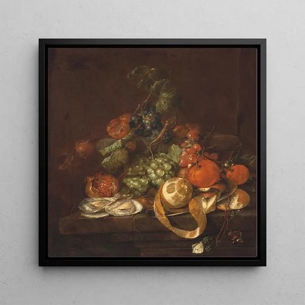 Still life with lemons, oysters, grapes, and butterflies on a pedestal - Cornelis de Heem — framed artwork on a wall