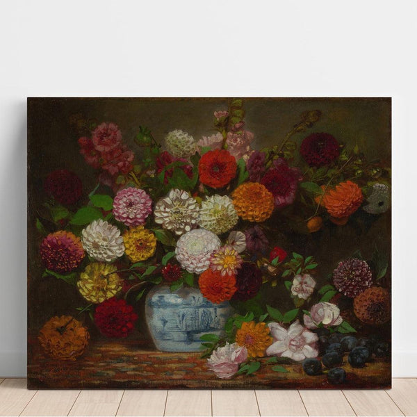 Reproduction of the painting Nature morte aux dahlias, zinnias, roses trémières et prunes - Eugène Delacroix