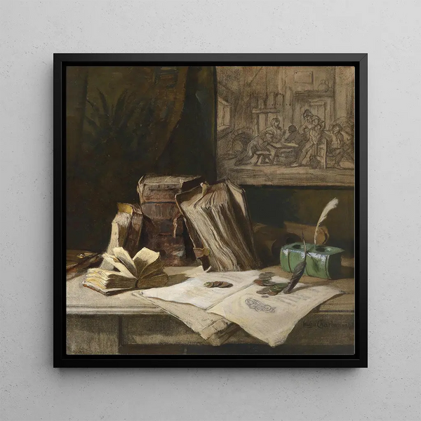 Nature morte avec des volumes - Hugo Charlemont — framed artwork on a wall