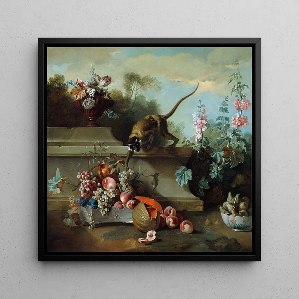 Nature morte avec singe, fruits et fleurs - Jean-Baptiste Oudry — framed artwork on a wall