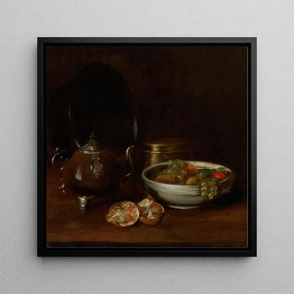 Still life with teapot and fruits - William Merritt Chase — framed artwork on a wall