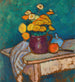 Still life with fabric, flowers in a pitcher, apple, and container on the table - Alexej von Jawlensky