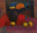 Still life with fabric, flowers in a pitcher, apple, and container on the table - Alexej von Jawlensky