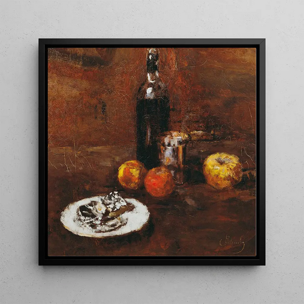 Still life with three apples and cheese in aluminum foil - Carl Schuch — framed artwork on a wall