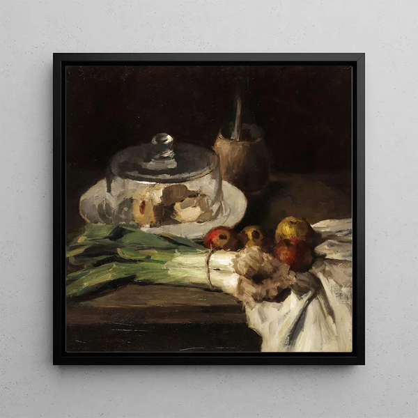 Still life with a bouquet of leeks, a cheese dome, and apples - Carl Schuch — framed artwork on a wall