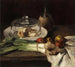Still life with a bouquet of leeks, a cheese dome, and apples - Carl Schuch — artwork view