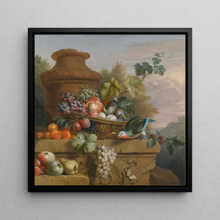 Still life with a basket of fruits, a parrot, and an urn on a carved stone ledge - Follower of Jakob Bogdny
