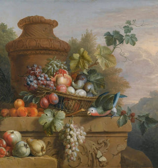 Still life with a basket of fruits, a parrot, and an urn on a carved stone ledge - Follower of Jakob Bogdny