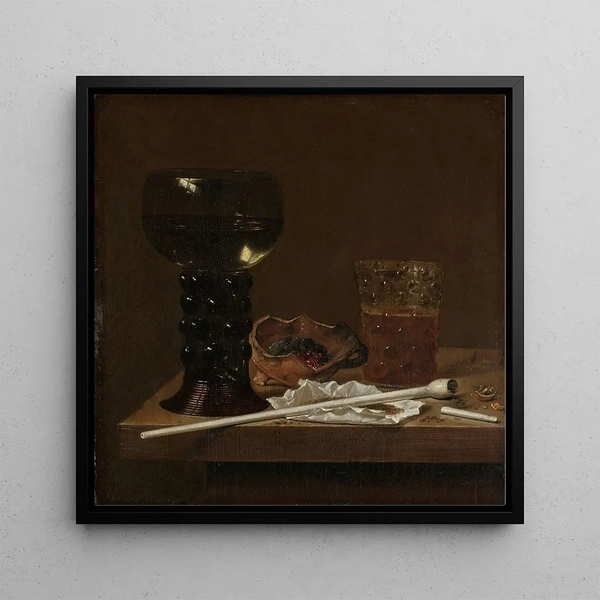 Nature morte avec un verre de bière Roemer et une pipe - Jan Jansz van De Velde III — framed artwork on a wall