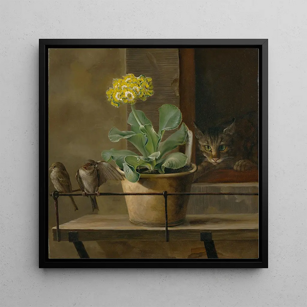 Reproduction of the painting Nature morte avec une primevère dans un pot de fleurs, un chat et deux moineaux - Martinus Rørbye