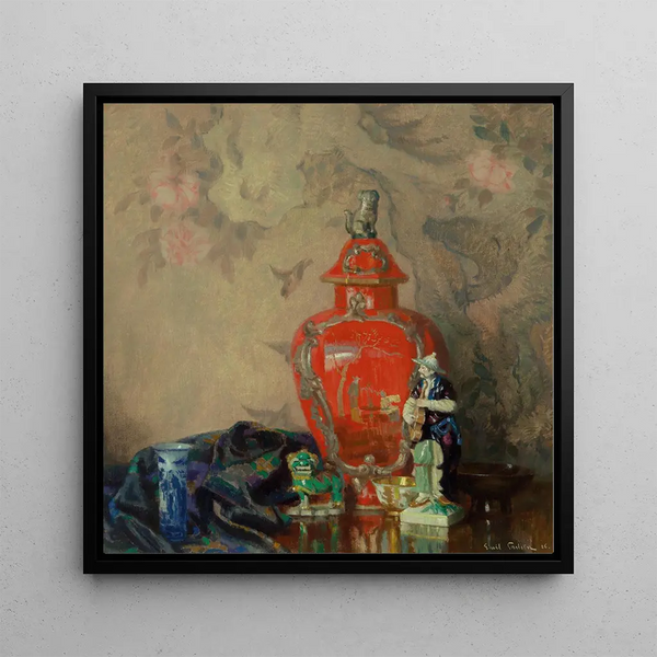 Still life with red urn and Asian figurines - Emil Carlsen — framed artwork on a wall