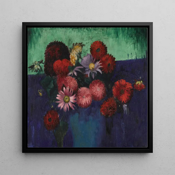 Still life, dahlias and daisies in a blue vase - Mark Gertler — framed artwork on a wall