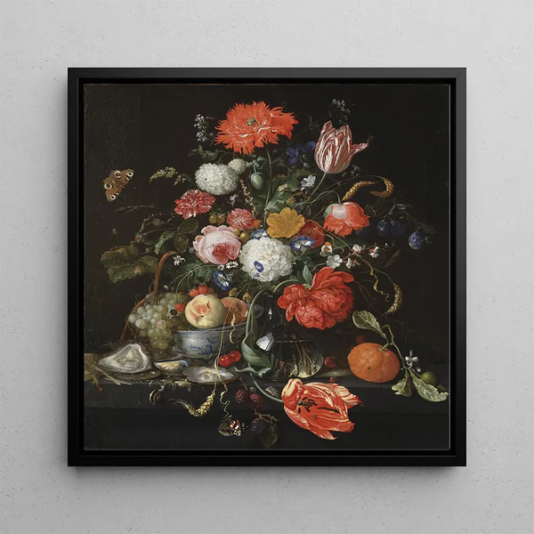 a Still Life of Flowers with a Bowl of Fruits and Oysters - Jan Davidsz de Heem — framed artwork on a wall