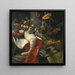 Nature morte de pivoines, roses et autres fleurs dans un vase en terre cuite avec un cygne, un paon et une tête de sanglier reposant sur un drapé rouge et un fragment architectural antique - Pieter Boel — framed artwork on a wall