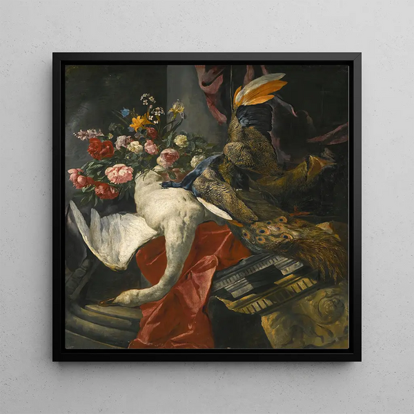Nature morte de pivoines, roses et autres fleurs dans un vase en terre cuite avec un cygne, un paon et une tête de sanglier reposant sur un drapé rouge et un fragment architectural antique - Pieter Boel — framed artwork on a wall