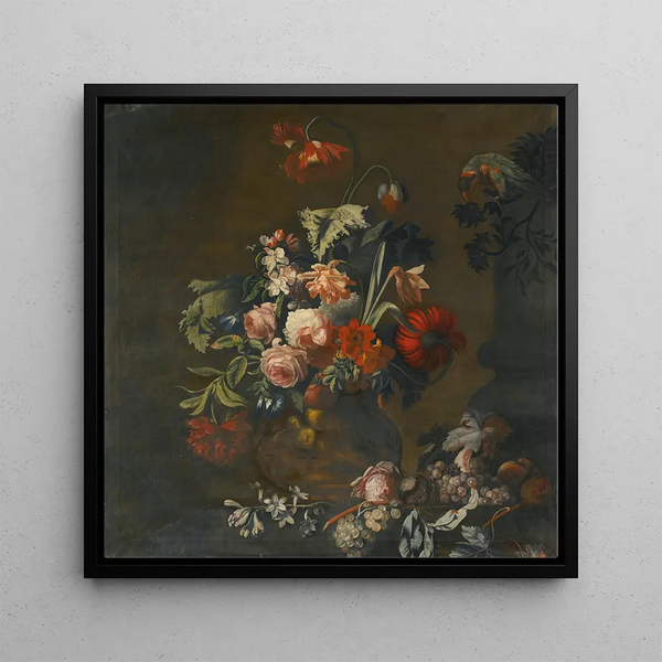 Nature morte de roses, tulipes panachées, pivoines et autres fleurs dans un vase sculpté, avec des raisins et un ara - Simon Verelst — wall display of the artwork