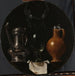 an iconic still life with a flask, glass jug, and bridal - Johannes Torrentius — displayed in an interior