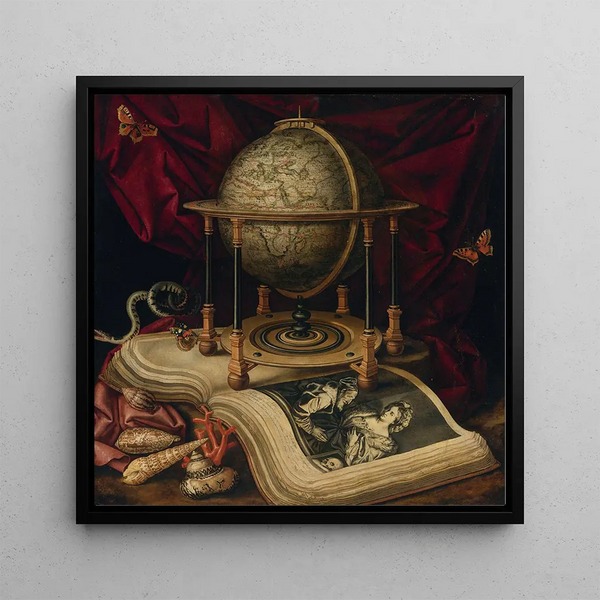 Vanitas with a globe, a book, shells, a serpent, and butterflies - Carstian Luyckx — framed artwork on a wall