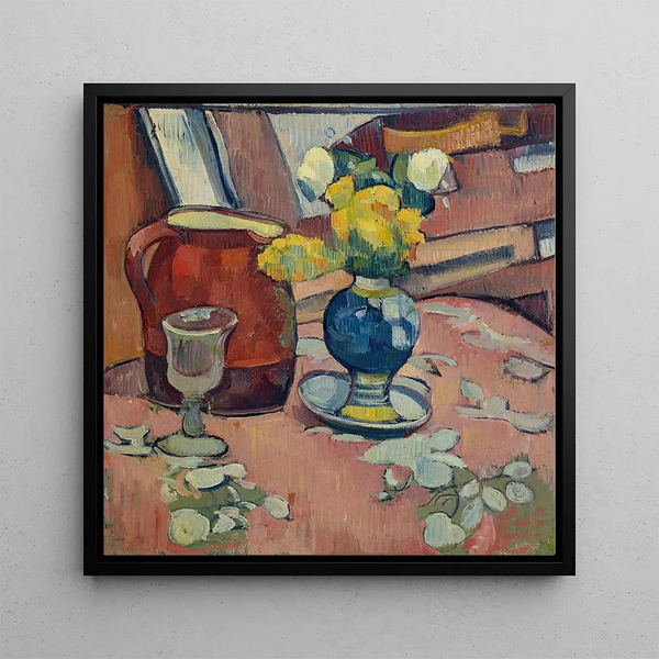 Still life: flower vase, jug and glass - Emile Bernard — framed artwork on a wall