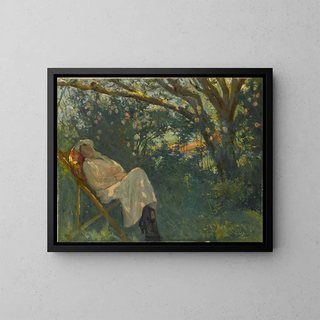 Dame en rose sur une chaise longue - Nazmi Ziya Güran — framed artwork on a wall