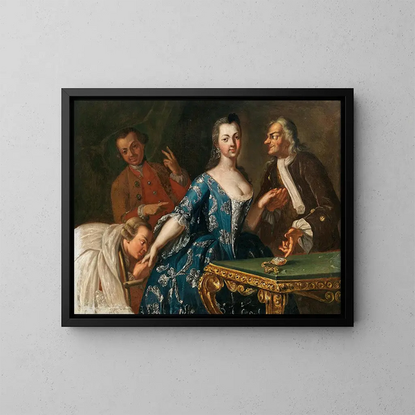 Messieurs courtisant une dame - Ecole Napolitaine — framed artwork on a wall