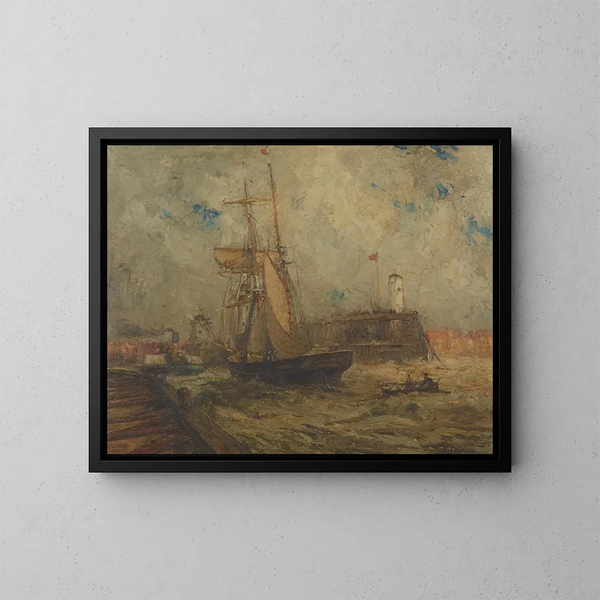 Brigantin entering the port of Littlehampton - Nelson Dawson — framed artwork on a wall