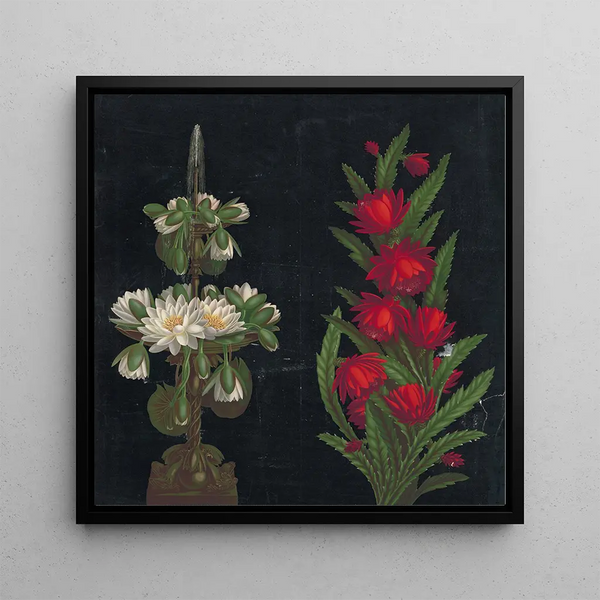White Water Lilies in a Two-Tiered Fountain and Red Flowers with Pointed Leaves on a Black Background - Anonymous — framed artwork on a wall