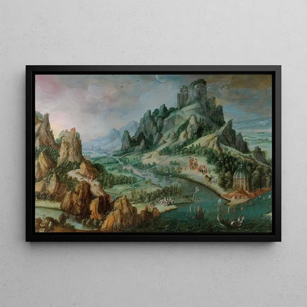 Landscape rocky painting with many figures - Dutch School — framed artwork on a wall